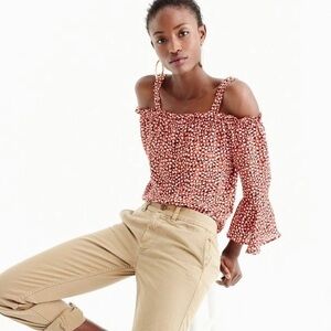 J. Crew Silk, Cold Shoulder Top Blouse in Heart Print Rustic Rose.